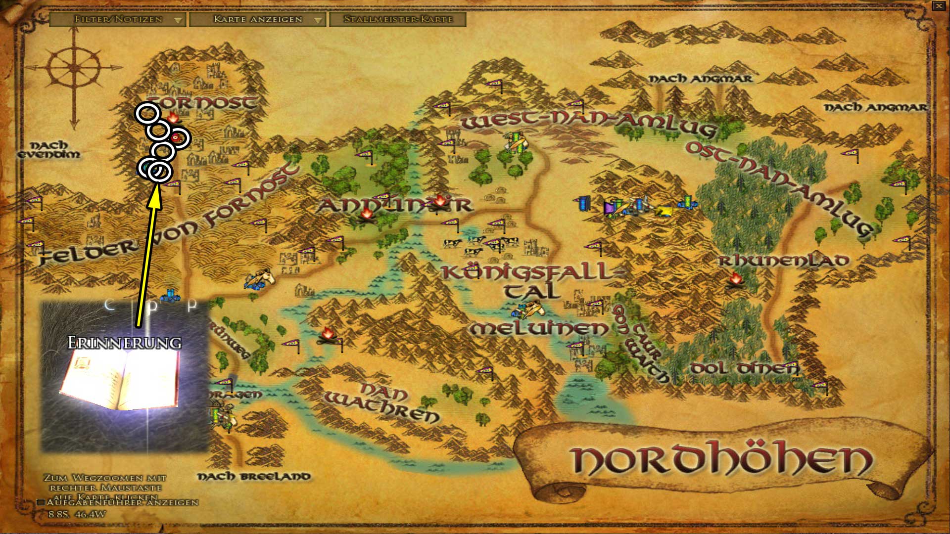 Erinnerungen in Fornost (Karte anklicken zum vergrößern)